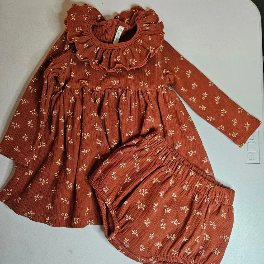 Rylee + Cru Baby Girl 6-12M Bundle Fox Print Set & Ribbed Floral Dress Bloomer
